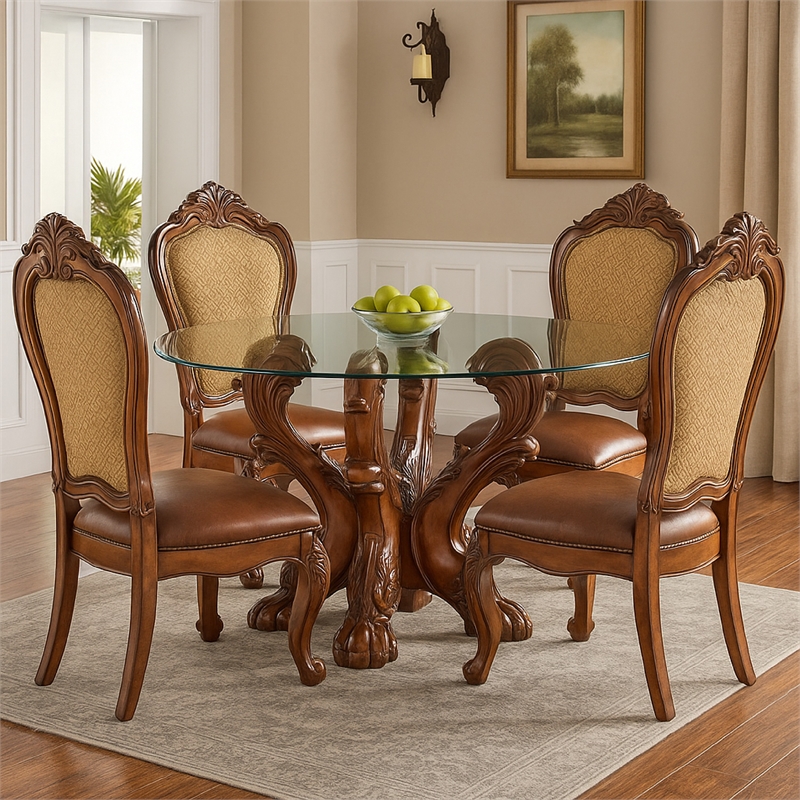 Benjara Imperial Dining Table with Pedestal- Cherry Oak Brown