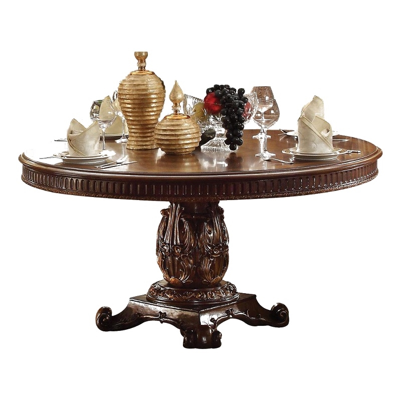 Benjara Wooden Round Dining Table With Pedestal Feet- Cherry Brown
