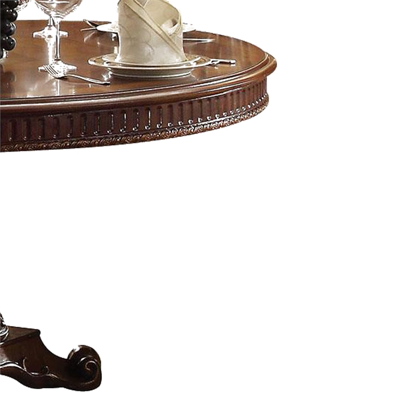 Benjara Wooden Round Dining Table With Pedestal Feet- Cherry Brown