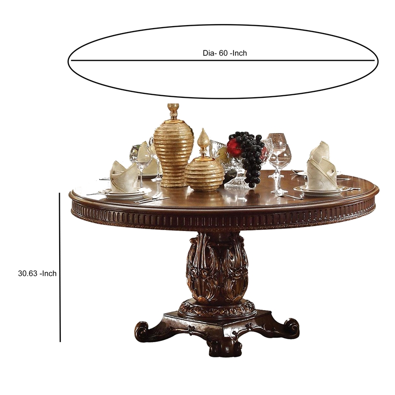 Benjara Wooden Round Dining Table With Pedestal Feet- Cherry Brown