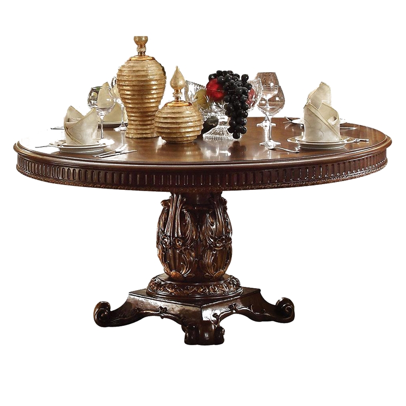 Benjara Wooden Round Dining Table With Pedestal Feet- Cherry Brown