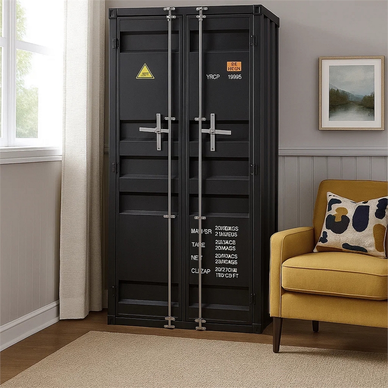 Benjara 2 Door Storage Wardrobe with Gunmetal Gray Finish & Cremone Bolts- Gray