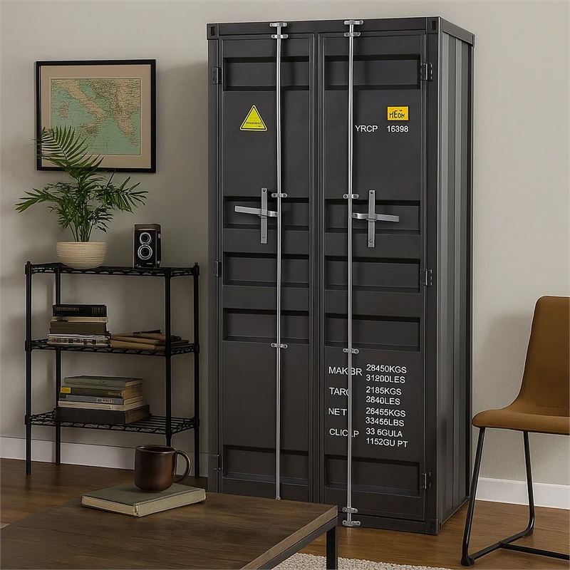 Benjara 2 Door Storage Wardrobe with Gunmetal Gray Finish & Cremone Bolts- Gray