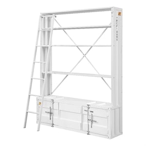 Benjara Metal Base Bookshelf and Ladder with 2 Extra Storage Compartments- White