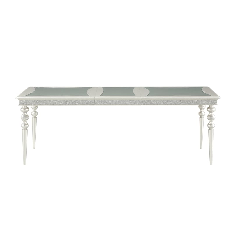 Benjara Sparkling Rectangular Dining Table with Rhinestone Inlay- Silver & Clear
