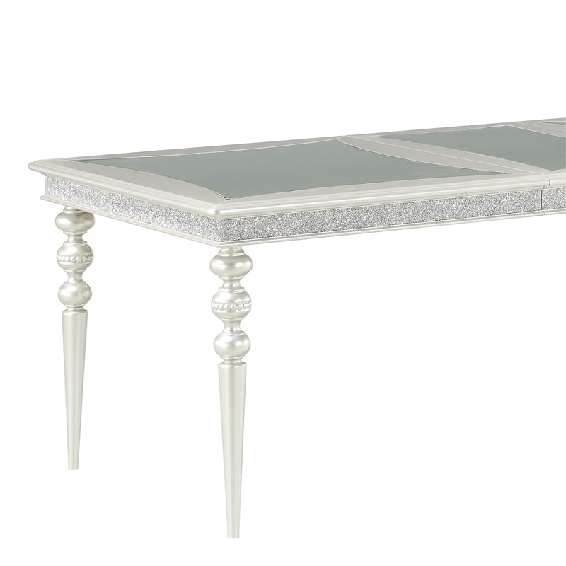 Benjara Sparkling Rectangular Dining Table with Rhinestone Inlay- Silver & Clear