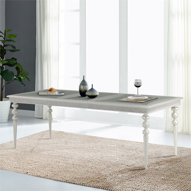 Benjara Sparkling Rectangular Dining Table with Rhinestone Inlay- Silver & Clear