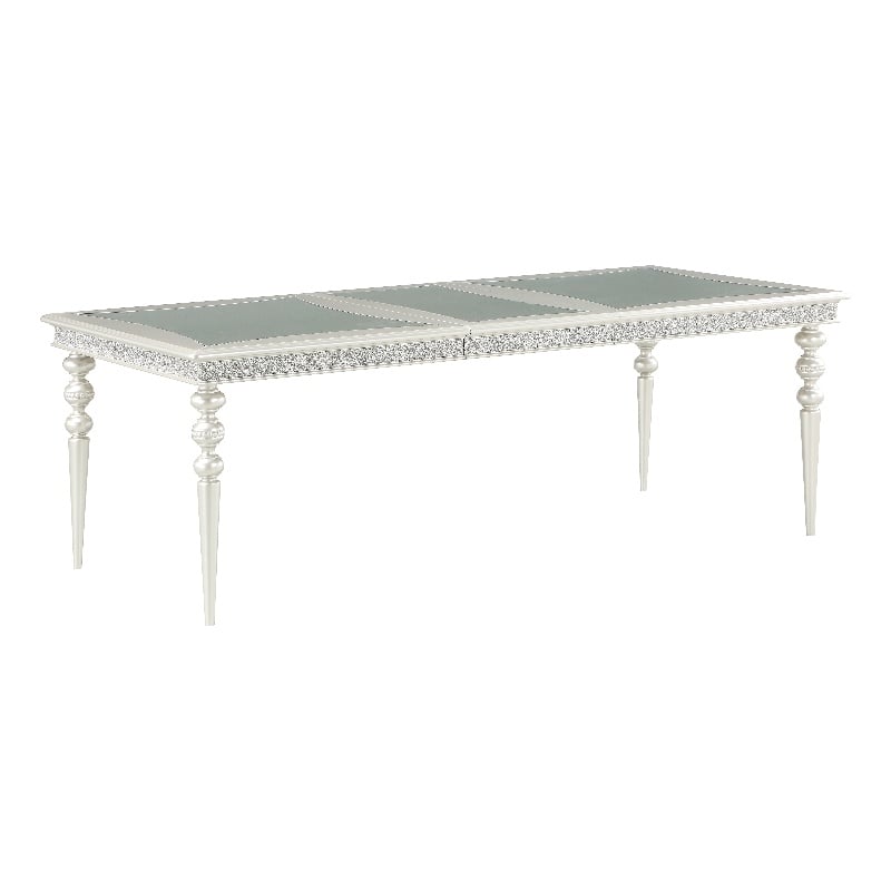 Benjara Sparkling Rectangular Dining Table with Rhinestone Inlay- Silver & Clear