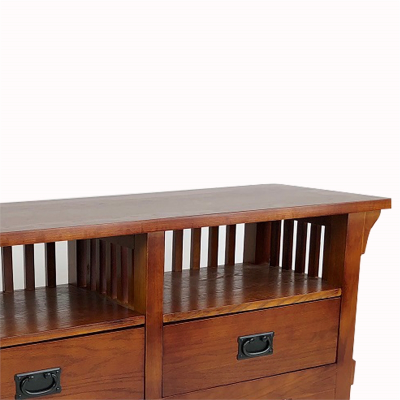 Benjara Wooden TV Stand with 2 Open Shelves and Slatted Back- Oak Brown