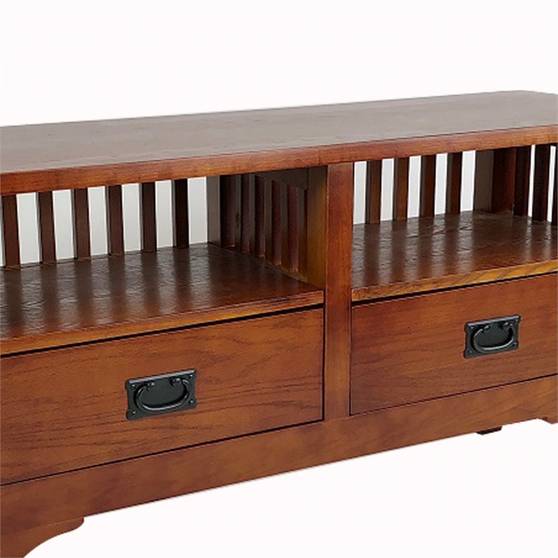 Benjara Wooden TV Stand with 2 Open Shelves and Slatted Back- Oak Brown