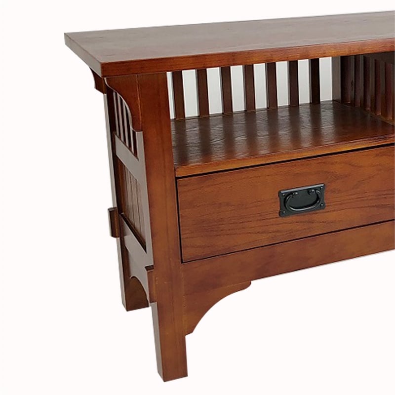 Benjara Wooden TV Stand with 2 Open Shelves and Slatted Back- Oak Brown