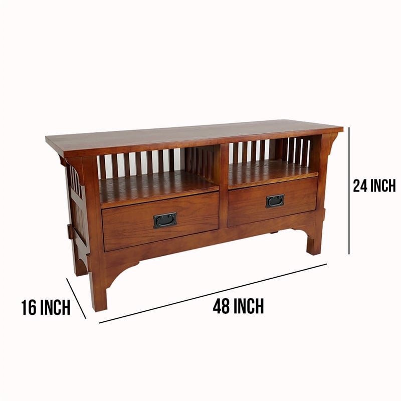 Benjara Wooden TV Stand with 2 Open Shelves and Slatted Back- Oak Brown