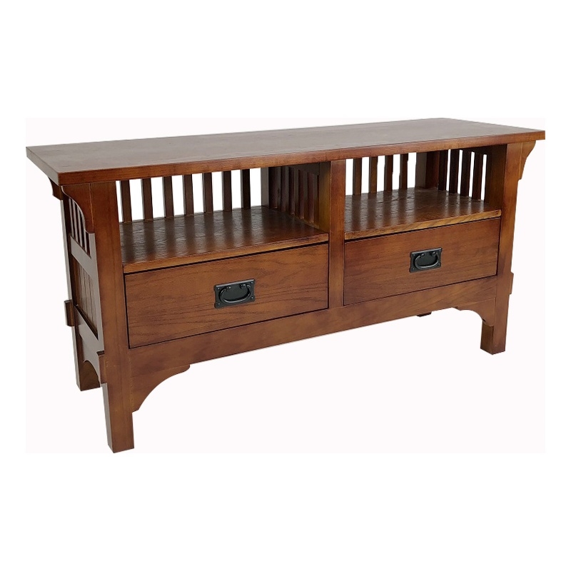 Benjara Wooden TV Stand with 2 Open Shelves and Slatted Back- Oak Brown