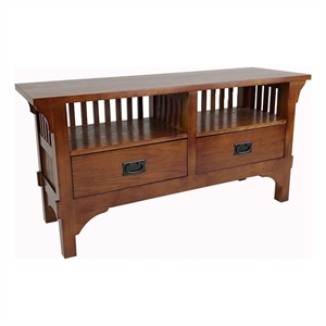 Benjara Wooden TV Stand with 2 Open Shelves and Slatted Back- Oak Brown
