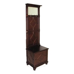 Benjara Molded Wooden Frame Hall Tree with Lift Top Box and Mirror Insert- Brown