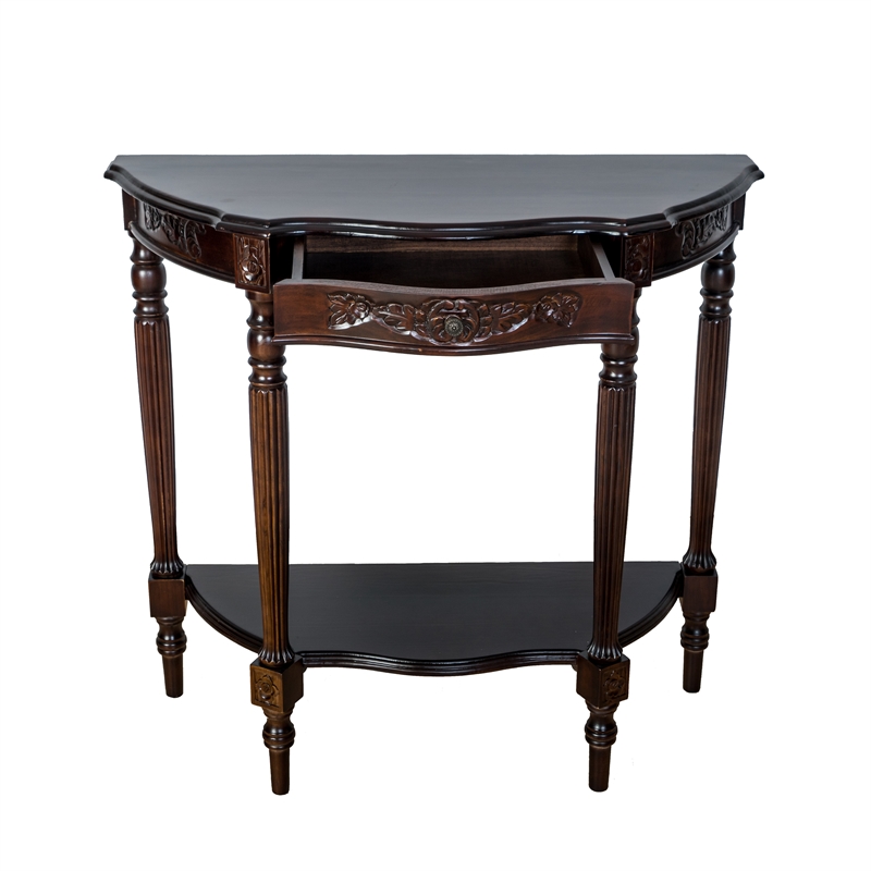 Benjara Half Crescent Moon Shape Engraved Wooden Console Table w/ 1 Drawer-Brown