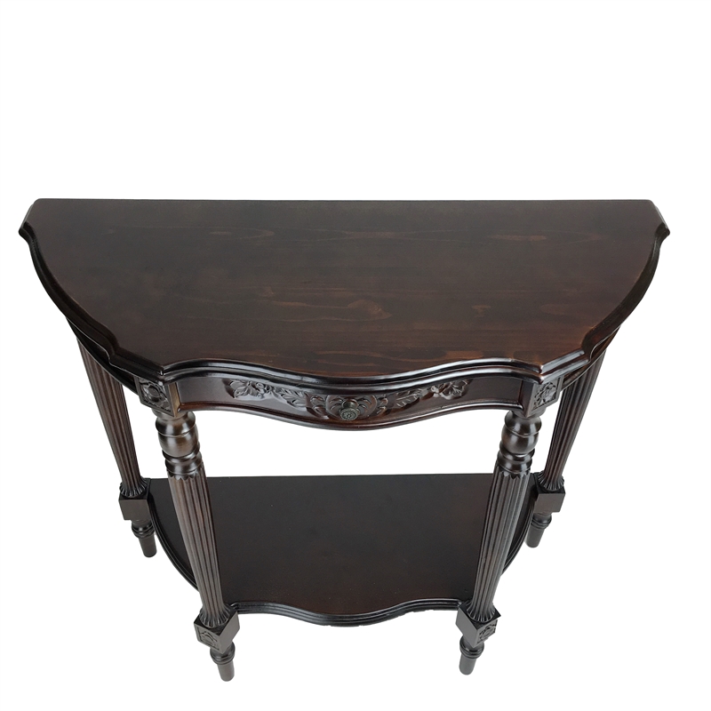 Benjara Half Crescent Moon Shape Engraved Wooden Console Table w/ 1 Drawer-Brown