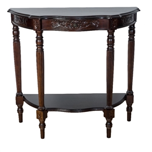Benjara Half Crescent Moon Shape Engraved Wooden Console Table w/ 1 Drawer-Brown