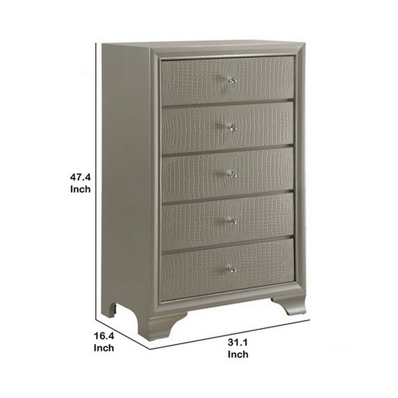 Benjara 5 Drawer Chest with Decorative Knobs and Bracket Feet- Champagne
