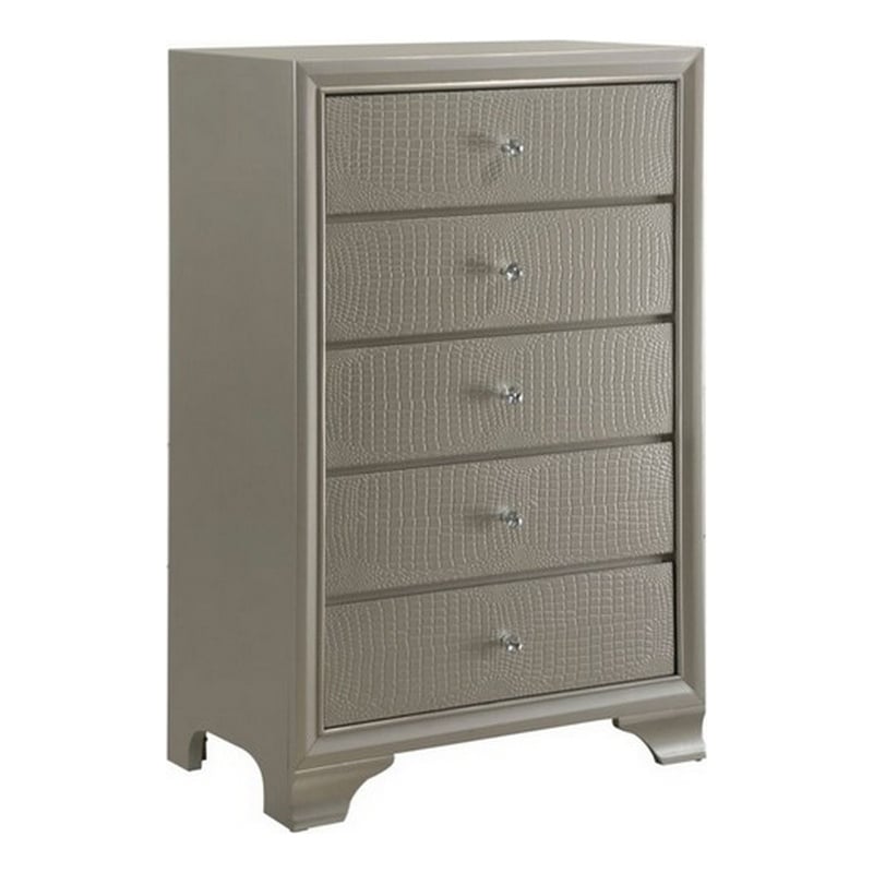 Benjara 5 Drawer Chest with Decorative Knobs and Bracket Feet- Champagne