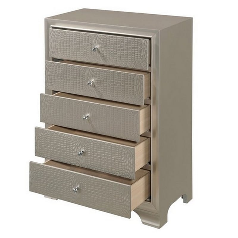 Benjara 5 Drawer Chest with Decorative Knobs and Bracket Feet- Champagne