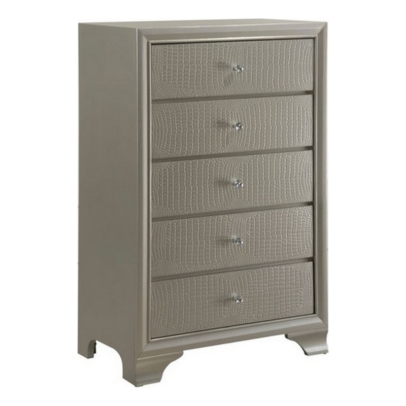 Benjara 5 Drawer Chest with Decorative Knobs and Bracket Feet- Champagne