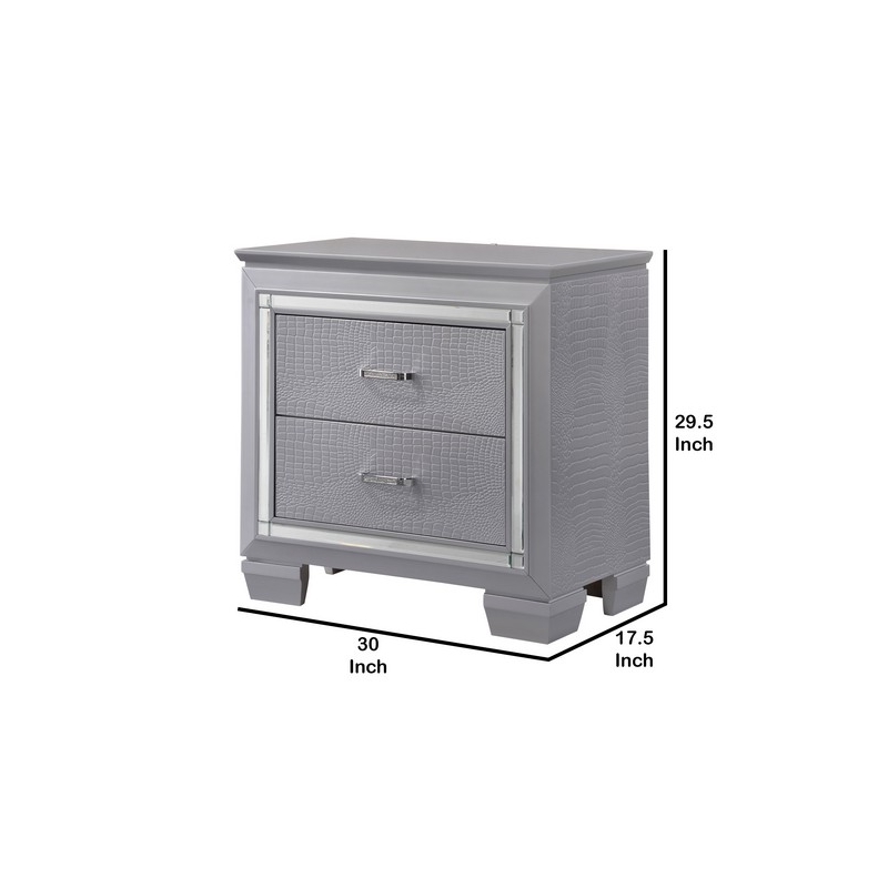 Benjara Two Drawer Wooden NightStand with Textured Details & Mirror Accents-Gray