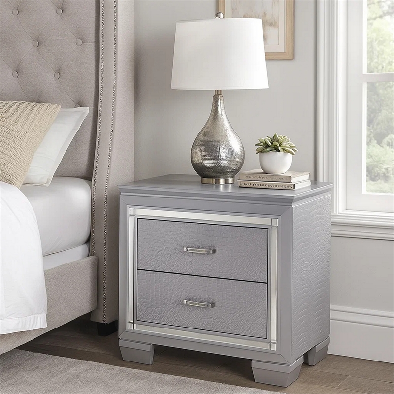 Benjara Two Drawer Wooden NightStand with Textured Details & Mirror Accents-Gray