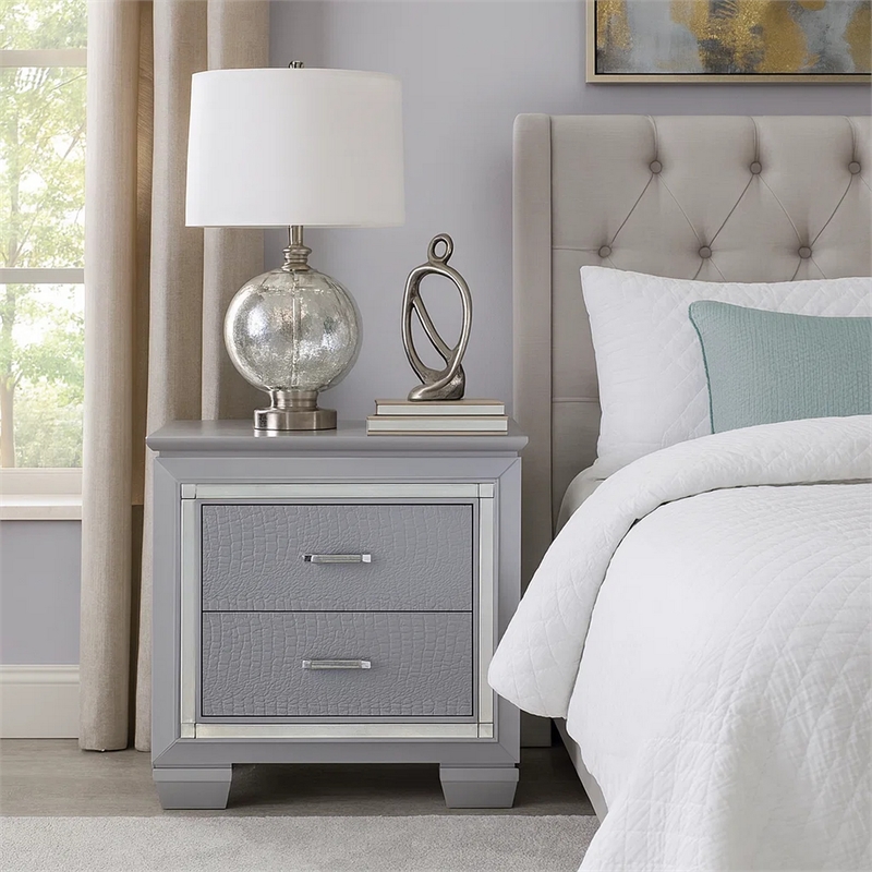 Benjara Two Drawer Wooden NightStand with Textured Details & Mirror Accents-Gray