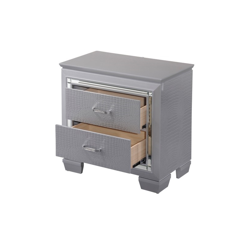 Benjara Two Drawer Wooden NightStand with Textured Details & Mirror Accents-Gray