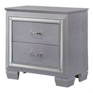 Benjara Two Drawer Wooden NightStand with Textured Details & Mirror Accents-Gray