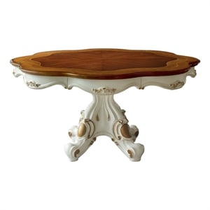Benjara Wooden Top Dining Table With Pedestal Feet- Antique Pearl & Cherry Oak