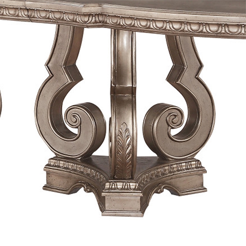 Benjara Wooden Extendable Dining Table With Double Pedestal Base- Silver