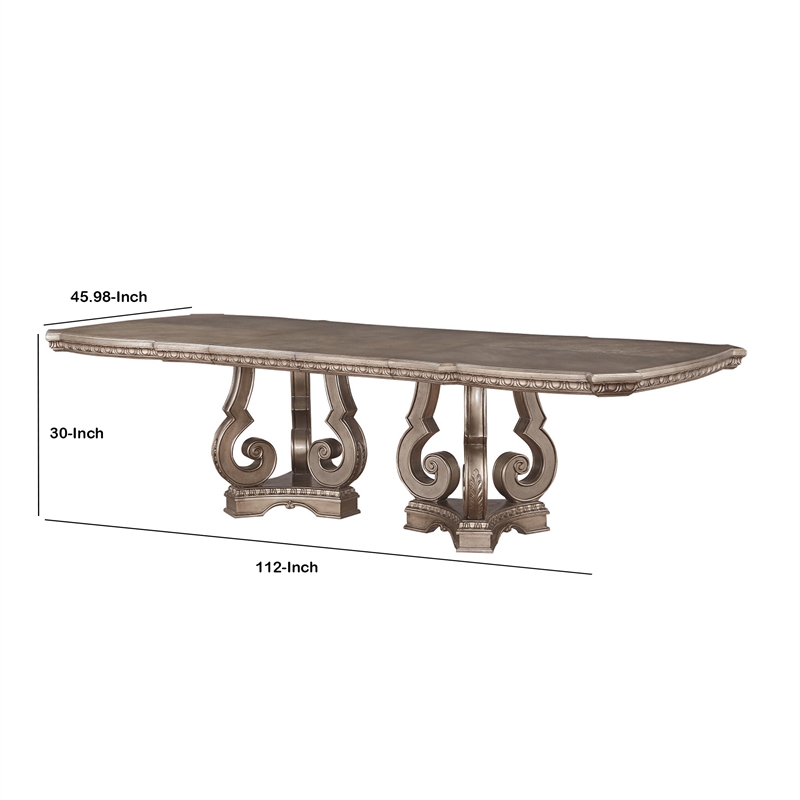Benjara Wooden Extendable Dining Table With Double Pedestal Base- Silver