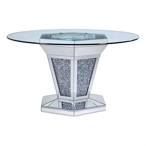 Benjara Faux Crystals & Mirror Inlaid Dining Table w/ Pedestal Base-Silver/Clear