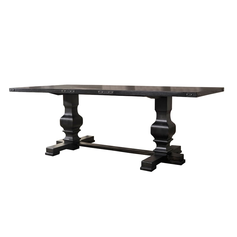 Benjara Wooden Rectangular Dining Table w/ Double Pedestal- Vintage Black