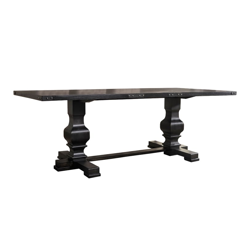 Benjara Wooden Rectangular Dining Table w/ Double Pedestal- Vintage Black