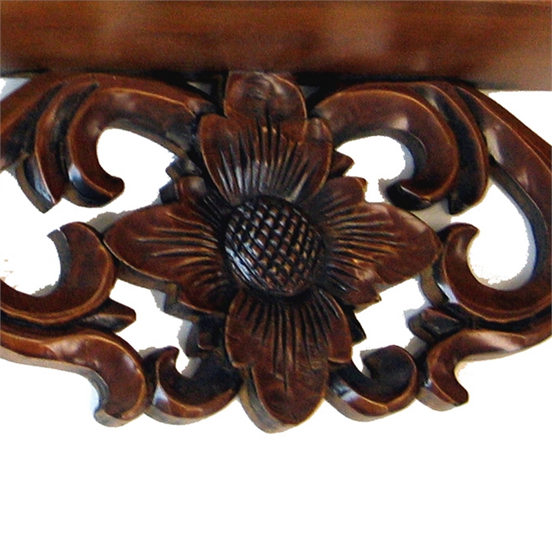 Benjara Hand Carved Wooden Moonbay Wall Shelf in Floral Design- Brown