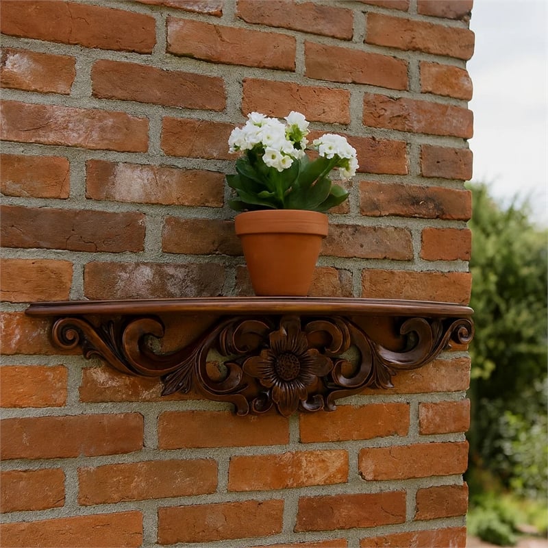 Benjara Hand Carved Wooden Moonbay Wall Shelf in Floral Design- Brown