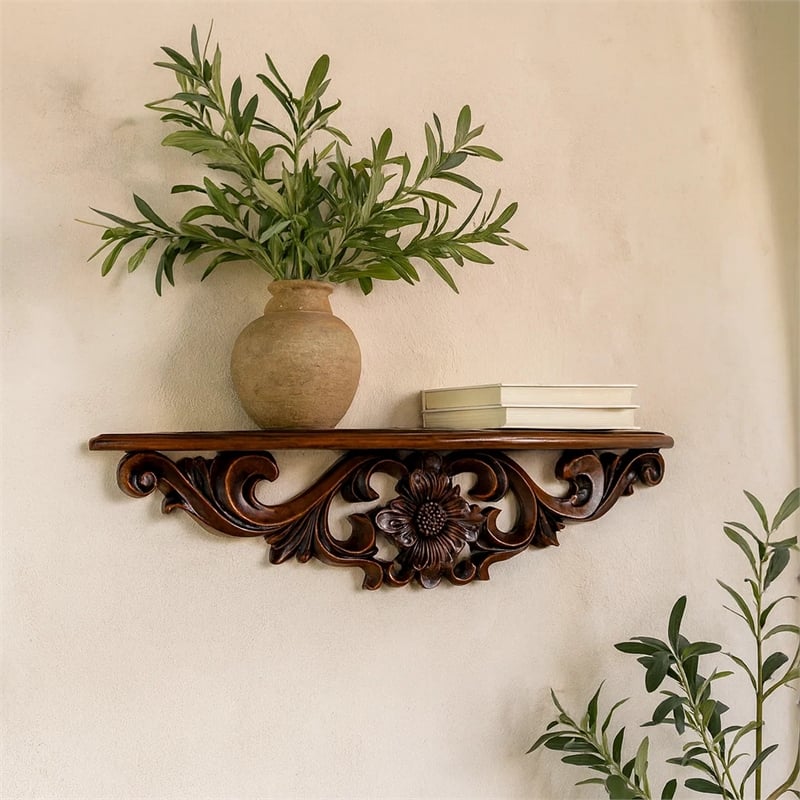 Benjara Hand Carved Wooden Moonbay Wall Shelf in Floral Design- Brown