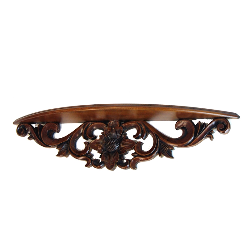 Benjara Hand Carved Wooden Moonbay Wall Shelf in Floral Design- Brown
