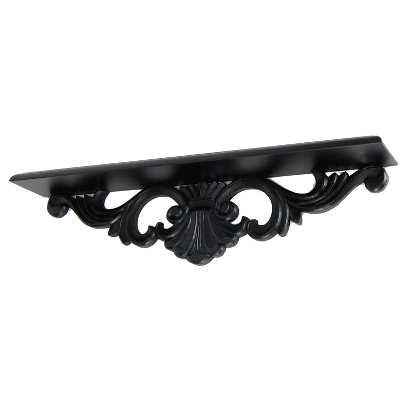 Benjara Hand Carved Wooden Wall Shelf with Floral Design Display- Black
