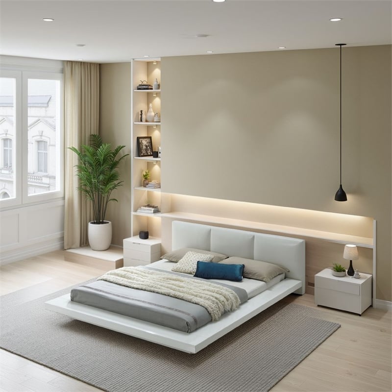Benjara Platform Style California King Size Bed with Leatherette Headboard-White