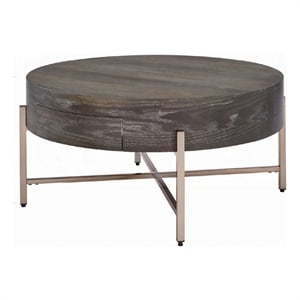 Benjara 1 Drawer Round Modern Coffee Table with Crossed Metal Legs- Brown & Gold