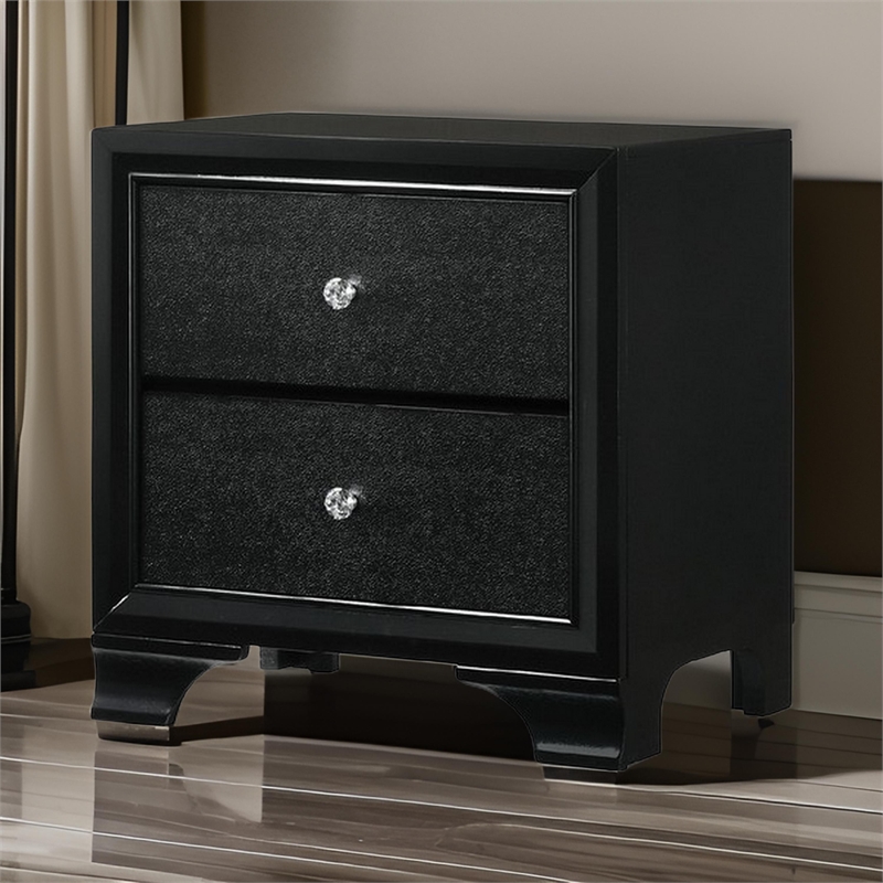 Benjara 2 Drawer Wooden NightStand with Textured Details & Crystal Pulls- Black