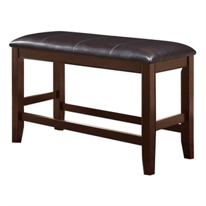 Benjara Wooden Counter Height Bench with Leatherette Seat- Brown and Black