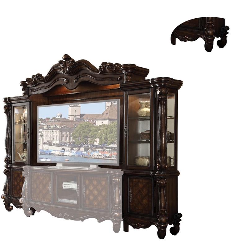 Benjara Wood and Glass Entertainment Centre with Scrollwork Details- Brown