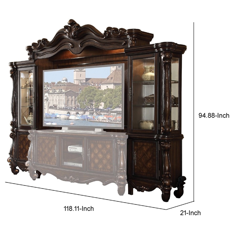 Benjara Wood and Glass Entertainment Centre with Scrollwork Details- Brown