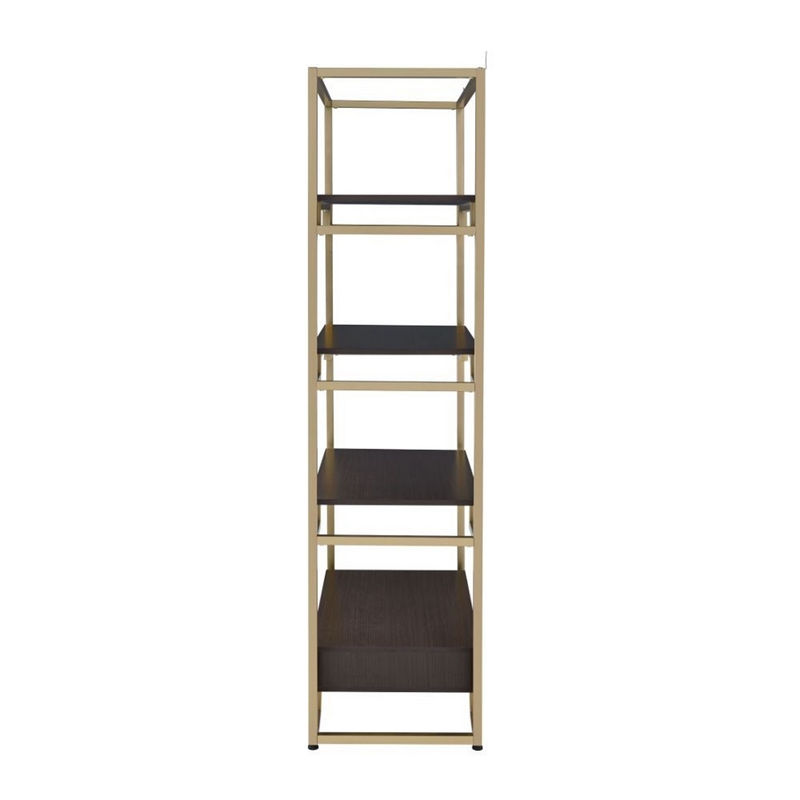 Benjara Wood and Metal Bookshelf with Shelves and Drawer- Brown and Gold