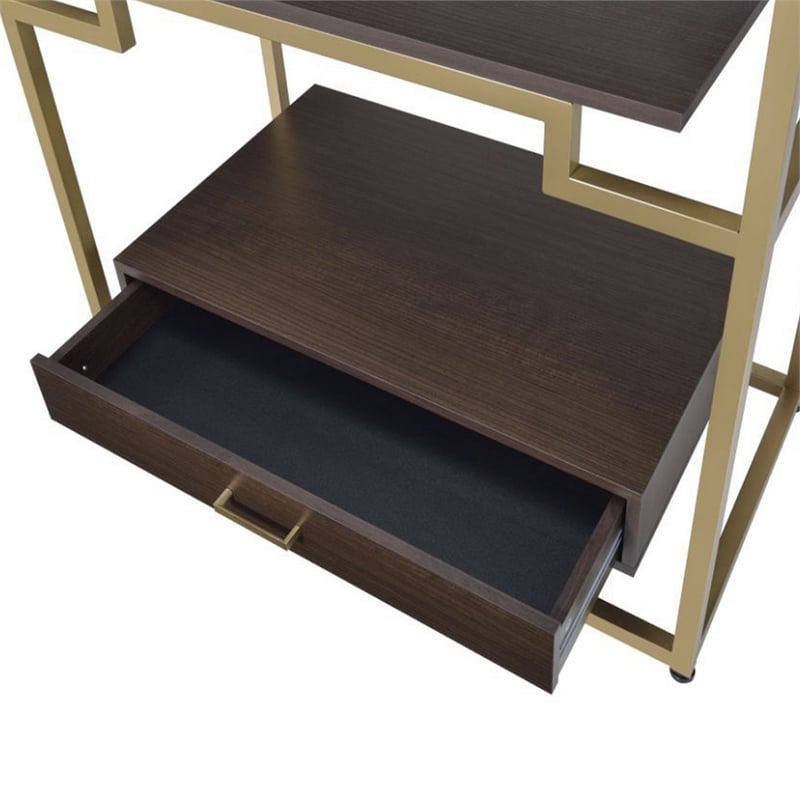 Benjara Wood and Metal Bookshelf with Shelves and Drawer- Brown and Gold